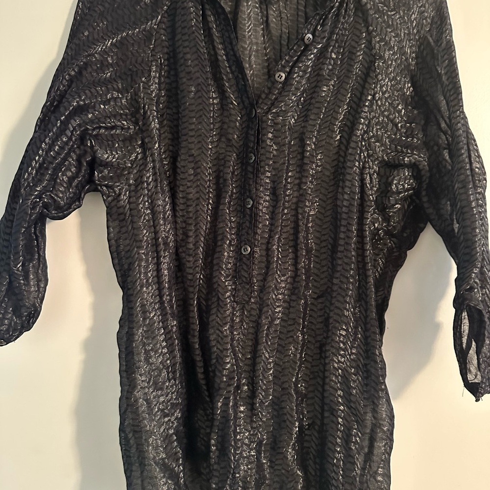 Nicole Miller Black Button Down Shirt with 3/4 Sleeves and Mandarin Collar